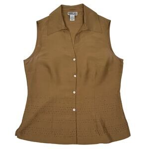 Robbie Bee Beaded Silk Sleeveless Blouse Tan Vintage 90s Minimalist Sz 6